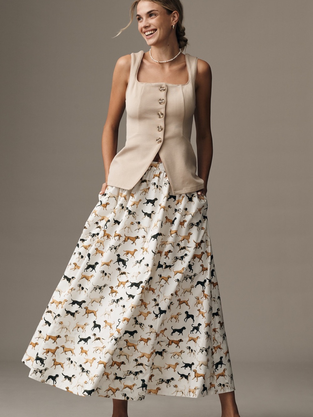Maeve Printed White Maxi Skirt with dogs!!